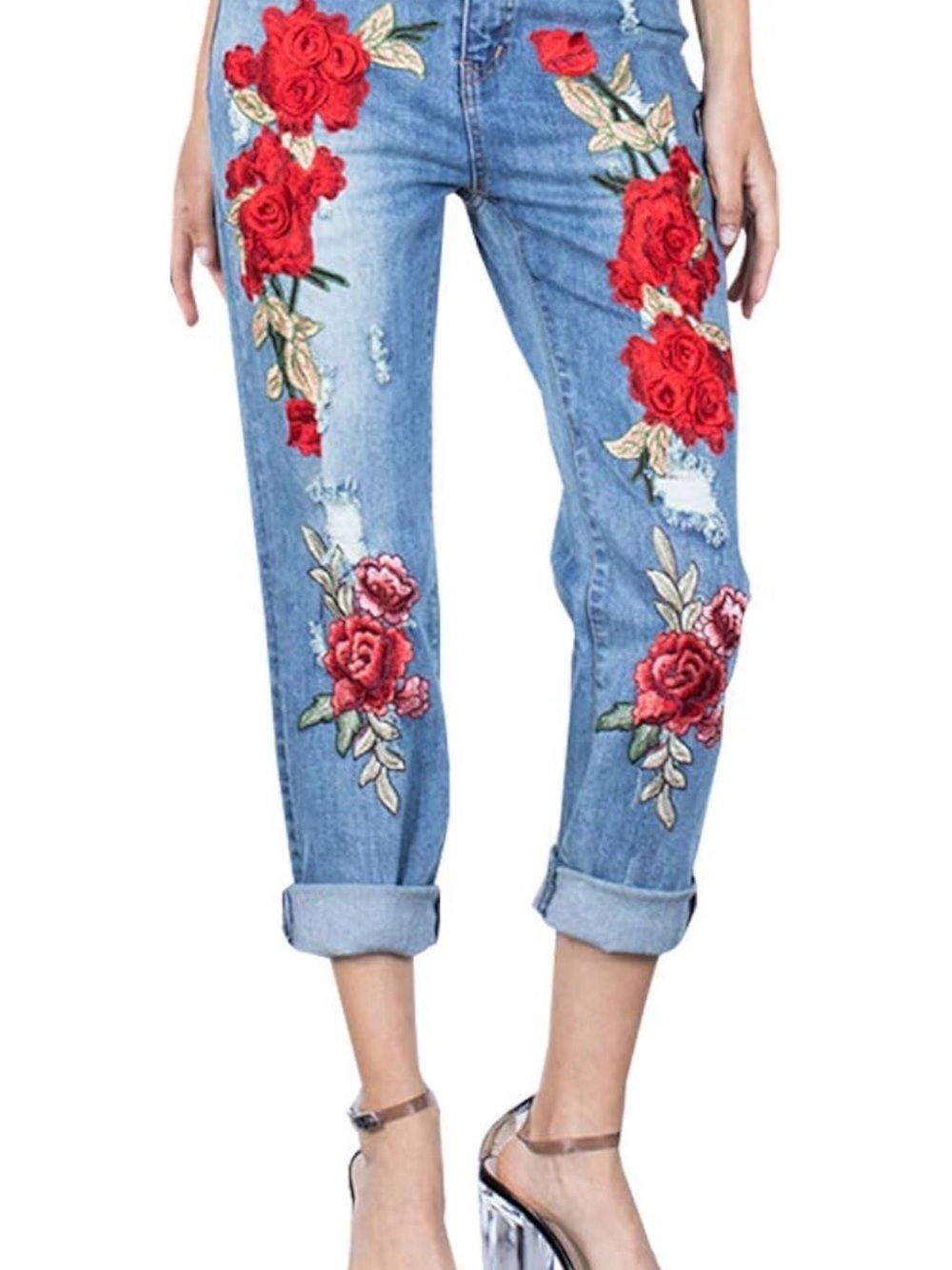 Embroidered Red Rose Boyfriend Jeans for Women